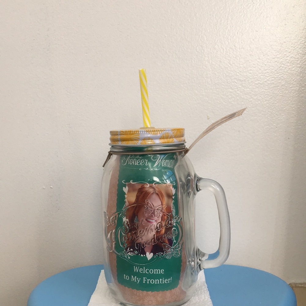 Mason jar with straw and recipe